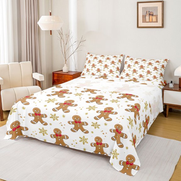 Manfei Cartoon Gingerbread Man Bed Sheets,Merry Xmas King Sheets,Gold Snowflake Dots Sheet Set For Girl Kids,Breathable Home Decor,4 Pieces