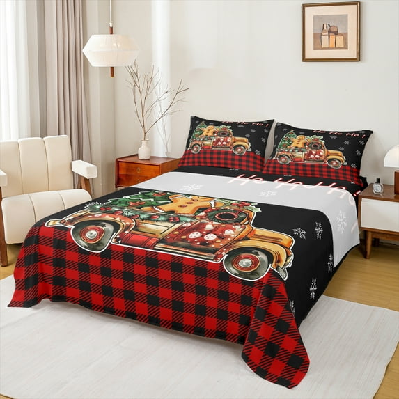 Manfei Cartoon Gingerbread Man Full Sheet Set,Merry Xmas Red Berry Black Plaid,Luxury Decor For Girls,4-Piece