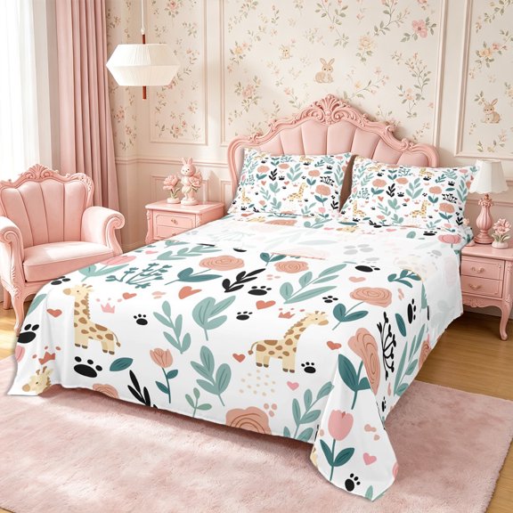 Manfei Cartoon Giraffe Bed Sheets 4-Piece,Spring Garden Full Size Sheets,1 Flat Sheet,1 Fitted Sheet and 2 Pillowcases