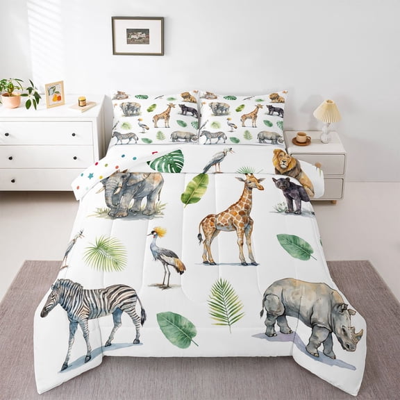 Manfei Cartoon Giraffe Pattern Full Size Comforter Sets,Cute Zebra Bedding Comforter Set,White,Polkadot Reversible,3pcs,1 Comforter and 2 Pillowcases