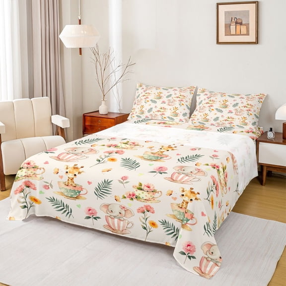 Manfei Cartoon Giraffe Pattern Queen Sheets,Pink Flower Queen Sheet Sets,4-Piece,1 Flat Sheet, 1 Fitted Sheet and 2 Pillowcases