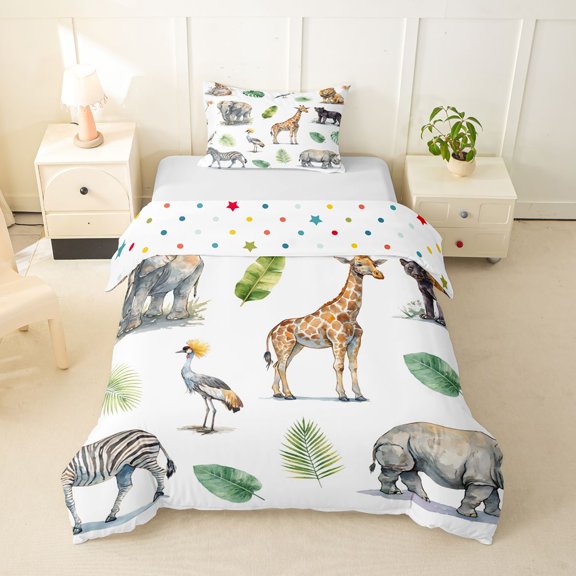 Manfei Cartoon Giraffe Pattern Twin Duvet Cover,Cute Zebra Twin Bedding,White,Polkadot Reversible,2 Pieces,1 Duvet Cover and 1 Pillowcase