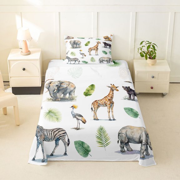 Manfei Cartoon Giraffe Pattern Twin Sheets,Cute Zebra Bedding,White,3 Pieces,1 Fitted Sheet and 1 Pillowcase