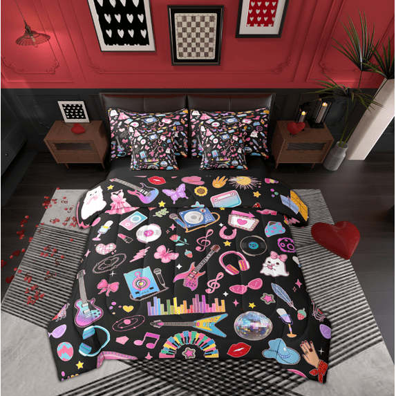 Manfei Cartoon Girls Music 7 Pieces Bedding Comforter Set,Musical Instruments Guitar Full Bedding Set,3D Heart Diamond Print Fitted Sheet Flat Sheet For Kids Girl,Breathable Home Decor Reversible