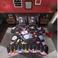 thumbnail image 1 of Manfei Cartoon Girls Music 7pcs Bedding Comforter Set,Musical Instruments Guitar Queen Bedding Sets,Microphone Headphone Record Queen Sheet Sets For Kids Girl,Breathable Home Decor Reversible, 1 of 8