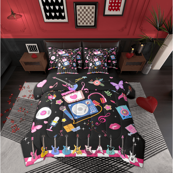 Manfei Cartoon Girls Music 7pcs Bedding Comforter Set,Musical Instruments Guitar Queen Bedding Sets,Microphone Headphone Record Queen Sheet Sets For Kids Girl,Breathable Home Decor Reversible