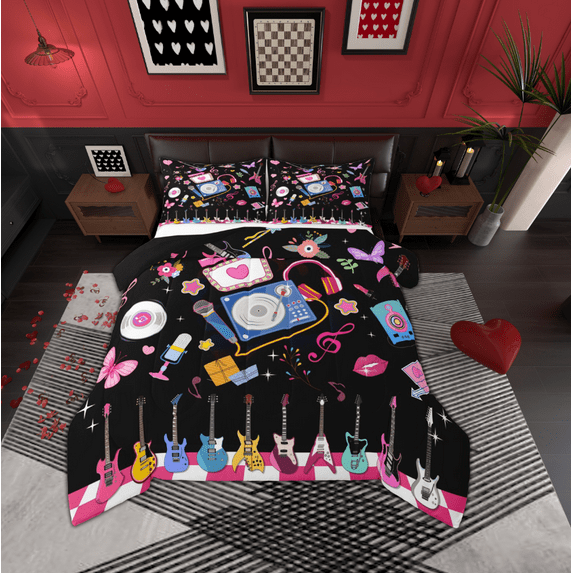 Manfei Cartoon Girls Music Queen Comforter Set,Musical Instruments Guitar Bedding Sets,Microphone Headphone Record Bedding Comforter Set For Kids Girl,Breathable Home Decor Reversible,3-Piece