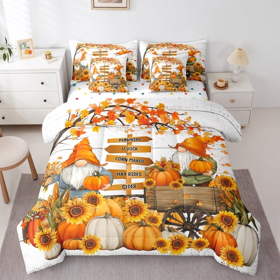 Manfei Cartoon Gnome 7-Piece Bedding Comforter Set,Autumn Fall Pumpkin King Bedding Sets,Rustic Farmhouse Sunflower Bed Sheets For Children,Breathable Home Decor Reversible