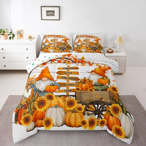 Manfei Cartoon Gnome Queen Comforter Set,Autumn Fall Pumpkin Bedding Sets,Rustic Farmhouse Sunflower Bedding Comforter Set For Children,Breathable Home Decor Reversible,3pcs