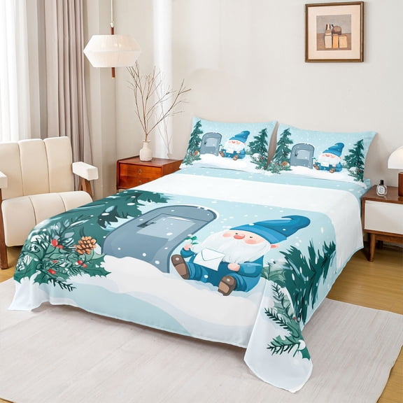 Manfei Cartoon Gnome Twin Sheet Sets,Happy Christmas Twin Fitted Sheet,Blue Green White Flat Sheet For Girl Boys,Breathable Home Decor,3-Piece