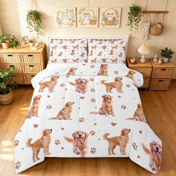 Manfei Cartoon Golden Retriever King Size Comforter Sets, Cute Love Heart Comforters King Size, White Gold, Reversible, 3 Pieces, 1 Comforter and 2 Pillowcases