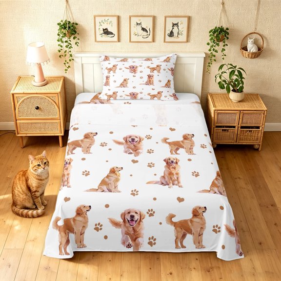 Manfei Cartoon Golden Retriever Twin Sheets, Cute Love Heart Bedding, White Gold, 3 Pieces, 1 Flat Sheet, 1 Fitted Sheet and 1 Pillowcase