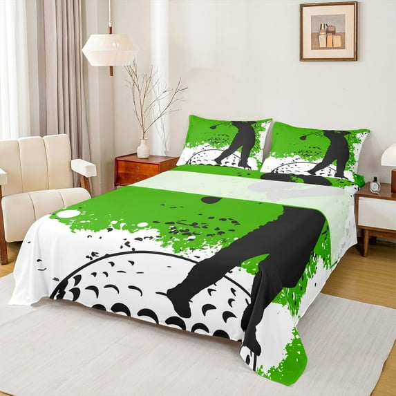 Manfei Cartoon Golf Print Twin Sheet Sets, White Green Watercolor Twin Fitted Sheet, Teens Kids Boys Girls Flat Sheet, Breathable Home Decor, 3 Pieces