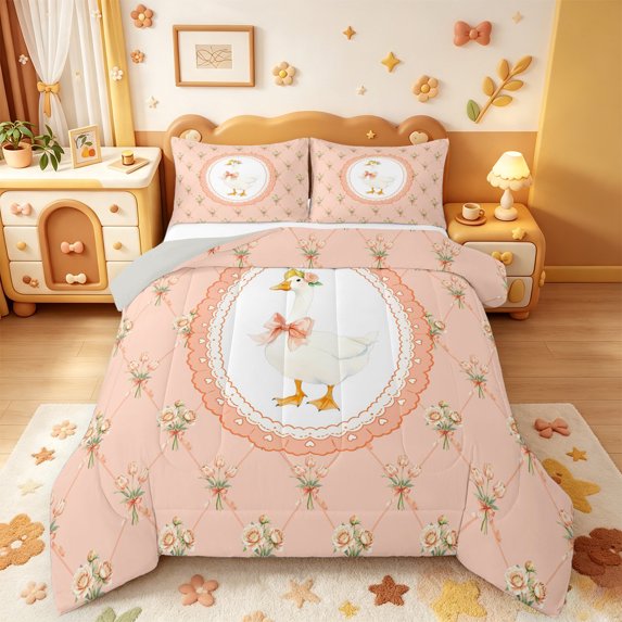 Manfei Cartoon Goose Animal Full Size Comforter Sets,Rustic Floral Botanical Bedding Comforter Set,Light Gray Reversible,3pcs,1 Comforter and 2 Pillowcases
