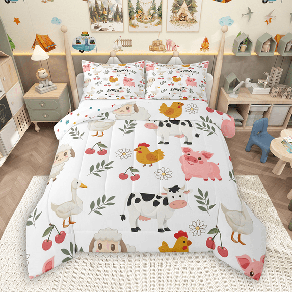 Manfei Cartoon Goose Pig Queen Comforter Set 3 Pieces, Cute Cow Sheep Chicken Bedding Sets, Kawaii Cherry Farmhouse Animal Bedding Comforter Set, Breathable Home Decor