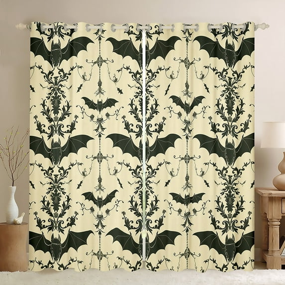 Manfei Cartoon Gothic Bat Curtains Pack of 2 (42x84 Each), Bohemian Damask Flower Curtains Blackout, Teens Kids Child Bedroom Curtains, Curtains and Drapes Bedroom Decor