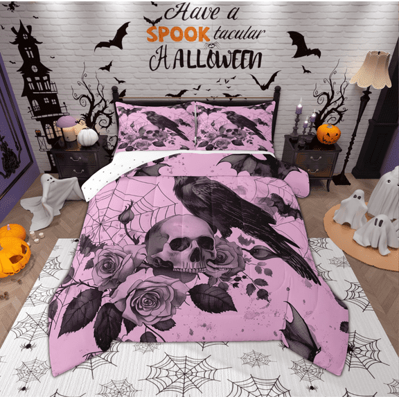 Manfei Cartoon Gothic Crow Queen Comforter Set, Romantic Halloween Bedding Sets, Teens Kids Child Reversible Bedding Comforter Set, Ultra Soft Home Decor, 3pcs