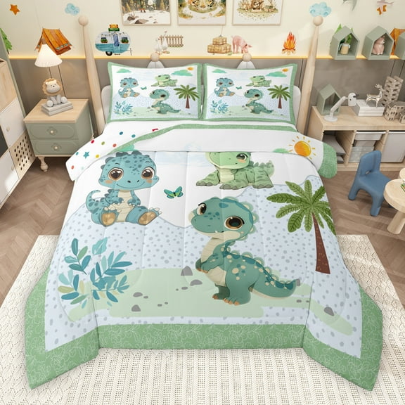 Manfei Cartoon Green Dinosaur Bedding Comforter Set, Leaf Plant Botanical Twin Comforter Sets, Teens Kids Boys Girls Reversible Bedding Set, Breathable Home Decor, 2 Pieces