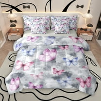 Manfei Cartoon Grey Pink Butterfly 7-Piece Twin Bedding Sets, Dreamy Watercolor Bedding Comforter Set, Teens Kids Girls Female Reversible Sheet Sets, Luxury Bedroom Decor