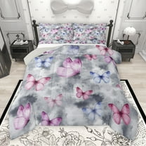 Manfei Cartoon Grey Pink Butterfly Bedding Comforter Set, Dreamy Watercolor Twin Comforter Sets, Teens Kids Girls Female Reversible Bedding Set, Luxury Bedroom Decor, 2pcs
