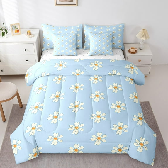 Feelyou Cartoon Groovy Twin Bedding Sets 7-Piece, Flower Floral Bedding Comforter Set, Rustic Farmhouse Sheet Sets, Super Cozy Bedroom Decorative