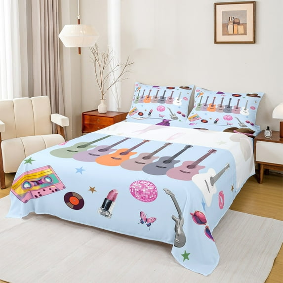 Manfei Cartoon Guitar Music Kid Bed Sheets, Fashion Princess Dress King Sheet Set, 4pcs