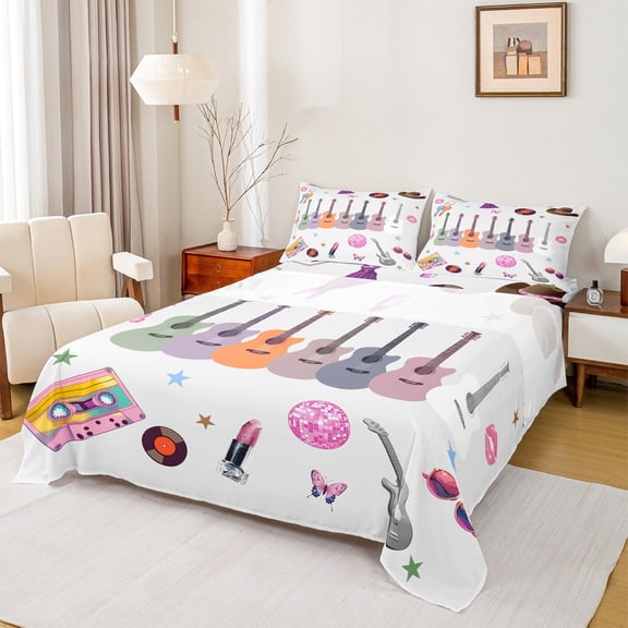Manfei Cartoon Guitar Child Bed Sheets, Pop Disco Music King Sheets, Fashion Princess Dress Sheet Set, Luxury Bedroom Decor, 4pcs