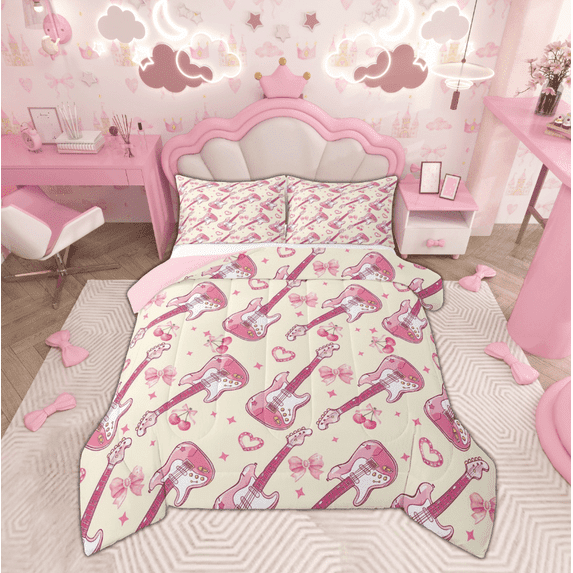 Manfei Cartoon Guitar Comforter Sets Twin Size, Kawaii Bowknot Comforters & Duvets, Princess Style Reversible Bedding Twin Comforter Set, Super Cozy Room Decoration, 2-Piece