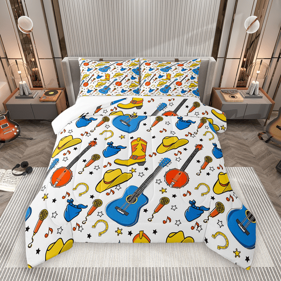 Manfei Cartoon Guitar Microphone Bedding Comforter Set 2pcs, Cowboy Rustic Life Twin Comforter Sets, Stars Music Notes Horseshoes Bedding Set, Super Cozy Room Decor