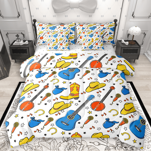 Manfei Cartoon Guitar Microphone Twin Bedding Sets 7pcs, Cowboy Rustic Life Bedding Comforter Set, Stars Music Notes Horseshoes Sheet Sets, Super Cozy Room Decor