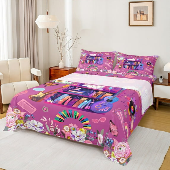 Manfei Cartoon Guitar Queen Sheet Sets for Teens, Rose Flower Floral Flat Sheet, Pop Music Theme Queen Fitted Sheet, Luxury Bedroom Decor, 4-Piece