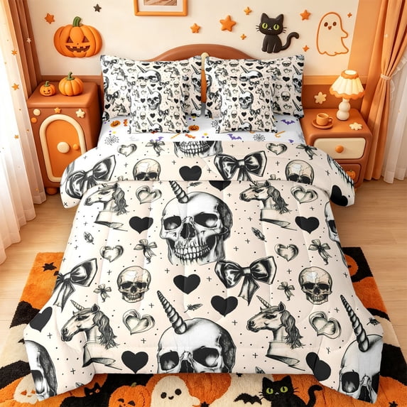 Manfei Cartoon Halloween 7-Piece Twin Bedding,Spooky Bat Pattern Bedding Comforter Set,Halloween Reversible