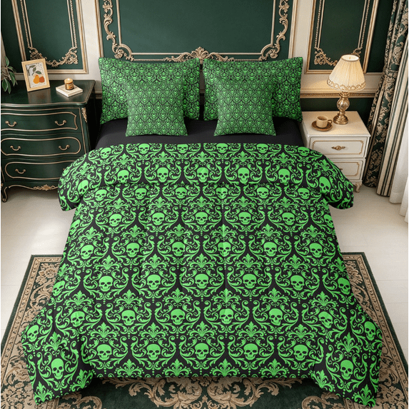 Manfei Cartoon Halloween 7-Piece Twin Bedding,Sugar Skull Print Bedding Comforter Set,Black Reversible