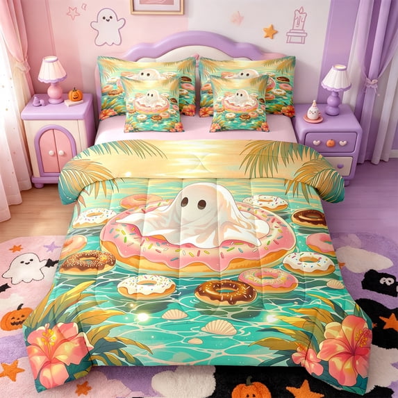 Manfei Cartoon Halloween 7-Piece Twin Bedding,Vintage Maple Leaf Print Bedding Comforter Set,Pink Reversible