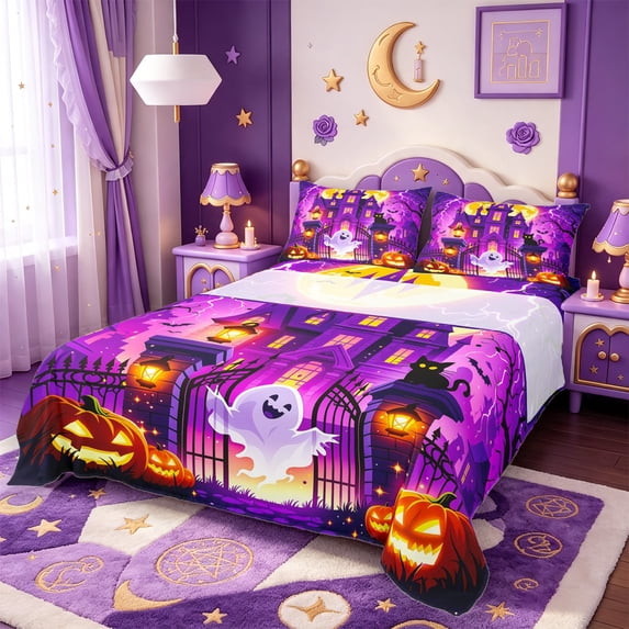 Manfei Cartoon Halloween Bed Sheets,Magic Witch Pattern Full Size Sheets,4 Pieces,1 Flat Sheet,1 Fitted Sheet and 2 Pillowcases