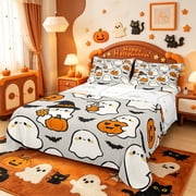 Manfei Cartoon Halloween Bed Sheets,Spooky Ghost Bat Full Size Sheets,4pcs,1 Flat Sheet,1 Fitted Sheet and 2 Pillowcases