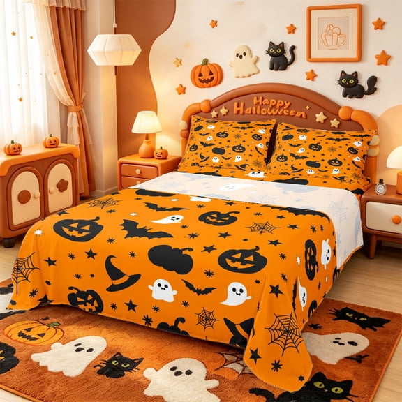 Manfei Cartoon Halloween Bed Sheets,Witch On Broom Full Size Sheets,4pcs,1 Flat Sheet,1 Fitted Sheet and 2 Pillowcases