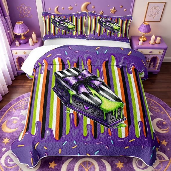 Manfei Cartoon Halloween Bed Spread Queen,Spooky Skull Print Queen Coverlet Set,3pcs,1 Quilt and 2 Pillowcases