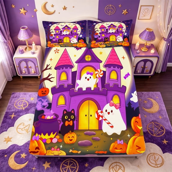 Manfei Cartoon Halloween Fitted Sheet Full,Autumn Pumpkin Pattern Bed Set,3pcs,1 Fitted Sheet and 2 Pillowcases