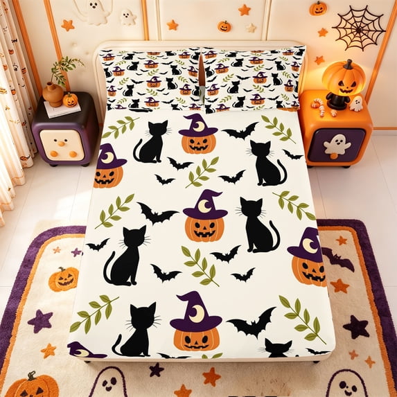 Manfei Cartoon Halloween Fitted Sheet Full,Pink Pastel Bat Bed Set,3pcs,1 Fitted Sheet and 2 Pillowcases