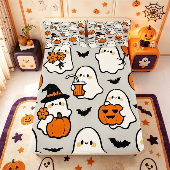 Manfei Cartoon Halloween Fitted Sheet Full,Spooky Ghost Bat Bed Set,3pcs,1 Fitted Sheet and 2 Pillowcases