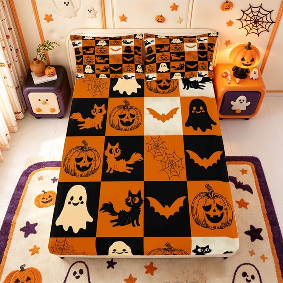 Manfei Cartoon Halloween Fitted Sheet Queen,Bat Silhouette Print Bedding,3-Piece,1 Fitted Sheet and 2 Pillowcases