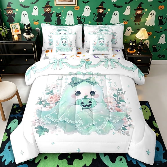 Manfei Cartoon Halloween Ghost 7-Piece Twin Bedding, Cute Bow Flower Pumpkin Bedding Comforter Set, Mint Green White,Reversible