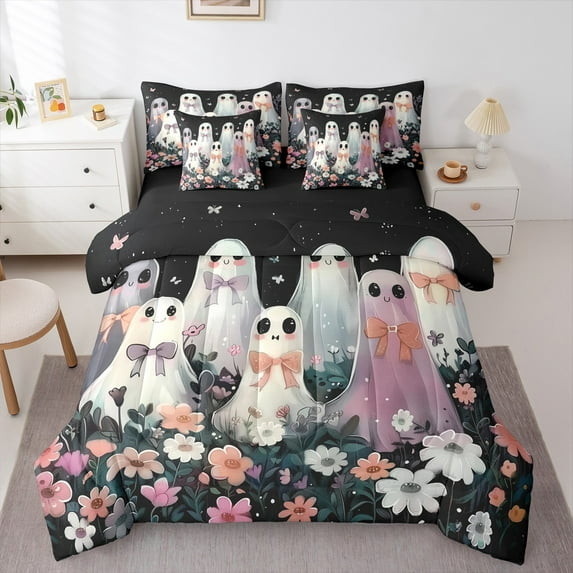 Manfei Cartoon Halloween Ghost 7-Piece Twin Bedding Sets,Colorful Daisy Flower Bedding Comforter Set,Rustic Flower Sheet Sets For Teens,Microfiber Bedroom Decor Reversible