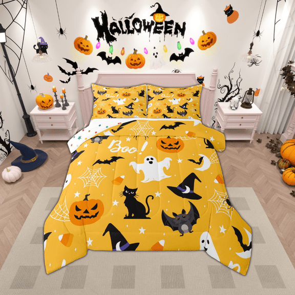 Manfei Cartoon Halloween Ghost Bedding Comforter Set,Witch Hats Twin Comforter Sets,Kawaii Kitten Bat Bedding Set For Teens,Microfiber Bedroom Decor Reversible,2pcs