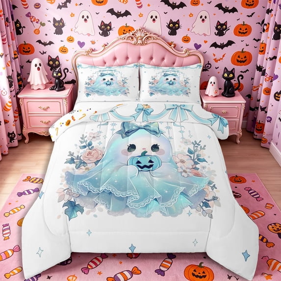 Manfei Cartoon Halloween Ghost King Size Comforter Sets 3pcs, Cute Bow Flower Pumpkin Comforters King Size, Blue White,Reversible,1 Comforter and 2 Pillowcases