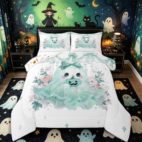 Manfei Cartoon Halloween Ghost Queen Comforter Set 3 Pieces, Cute Bow Flower Pumpkin Comforter Sets Queen, Mint Green White,Reversible,1 Comforter and 2 Pillowcases