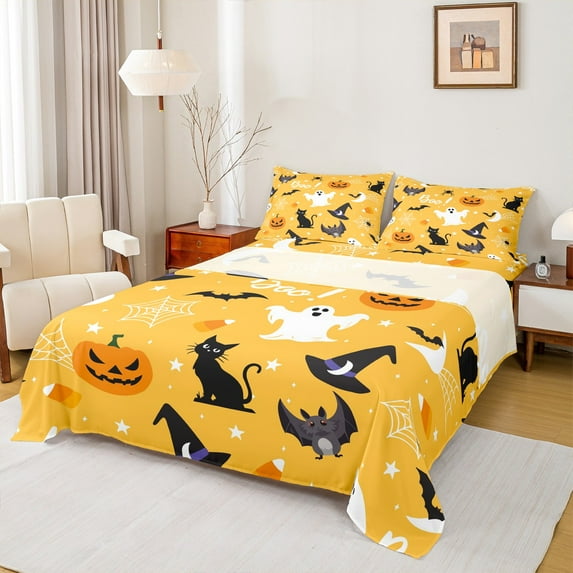 Manfei Cartoon Halloween Ghost Queen Sheet Sets,Witch Hats Flat Sheet,Kawaii Kitten Bat Queen Fitted Sheet For Teens,Microfiber Bedroom Decor,4 Pieces