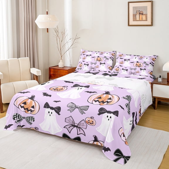 Manfei Cartoon Halloween Ghost Twin Sheet Sets,Lovely Bow Tie Twin Fitted Sheet,Horror Pumpkin Lantern Flat Sheet For Teens,Microfiber Bedroom Decor,3pcs