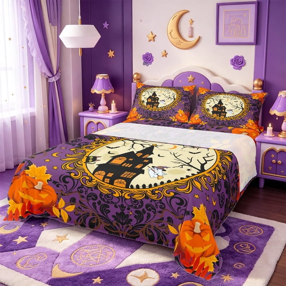 Manfei Cartoon Halloween King Sheets,Hello Fall Foliage Print Bedding,4pcs,1 Flat Sheet,1 Fitted Sheet and 2 Pillowcases
